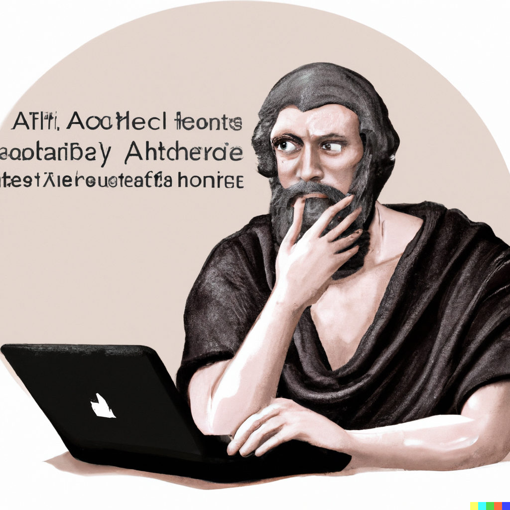 Aristotle deep in thought infront of a laptop